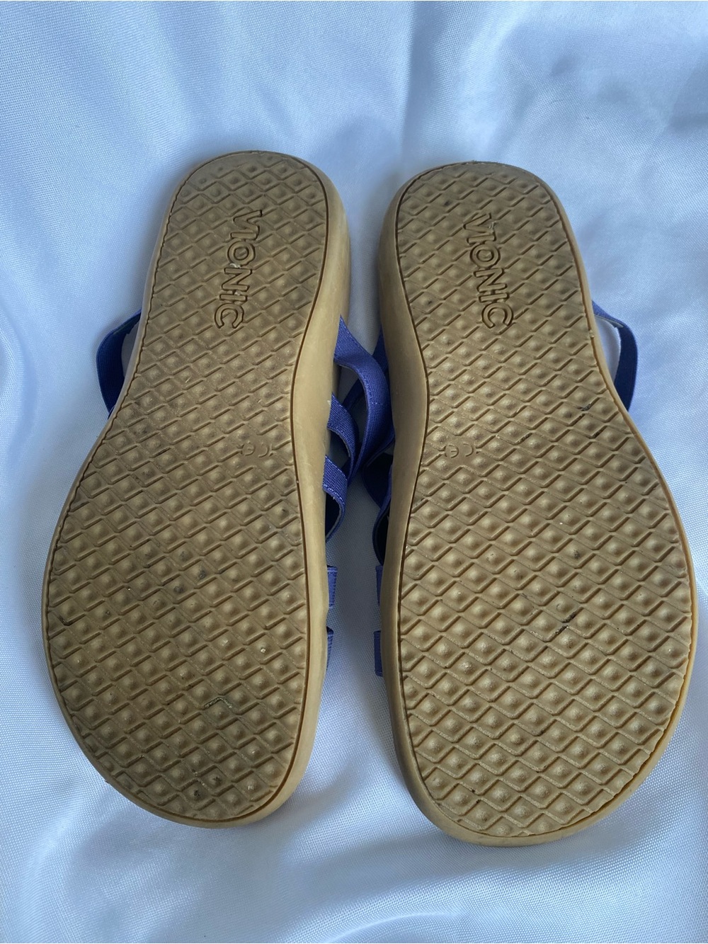 Vionic Purple Elastic Strappy Slide Sandals with Tan Footbed - Picture 3 of 4